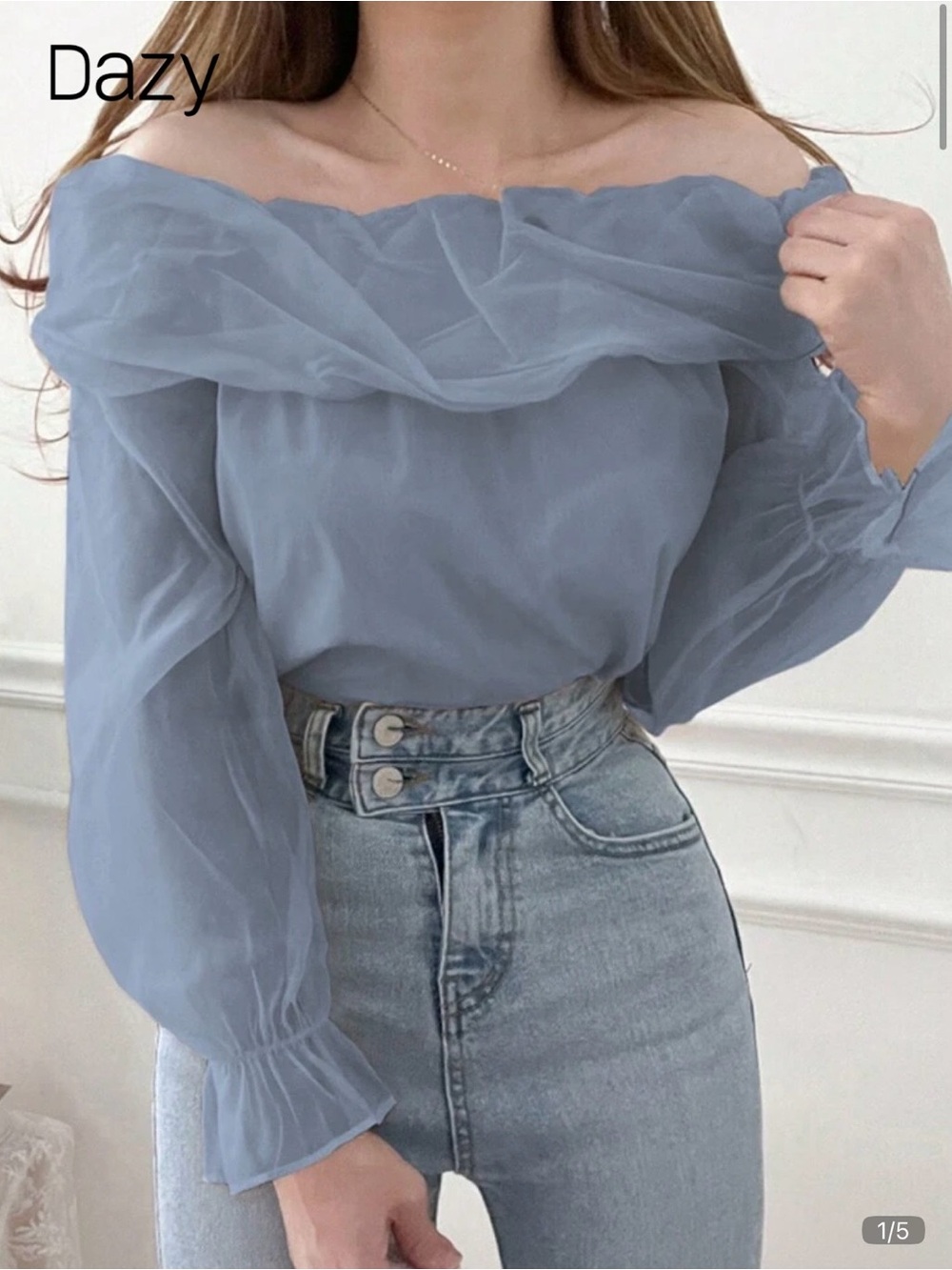 Dazy Women's Off-Shoulder Ruffled Chiffon Blouse in Dusty Blue